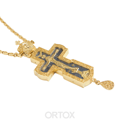 Крест наперсный латунный в позолоте с цепью, 6х14,5 см фото 4