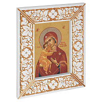 Икона Божией Матери "Феодоровская", в широкой резной раме, белая с золотом (патина), холст с золочением, ширина рамы 12 см