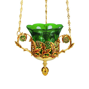 Лампада подвесная из ювелирного сплава в позолоте с эмалью,16х14,5 см (зеленый стаканчик)