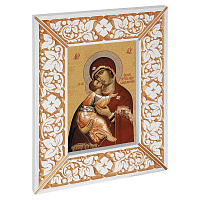 Икона Божией Матери "Владимирская", в широкой резной раме, белая с золотом (патина), холст с золочением, ширина рамы 12 см