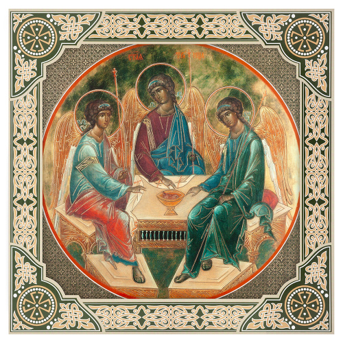 Икона Святой Троицы (прп. Андрея Рублева), багетная рамка, подарочная упаковка, 28х28 см фото 2