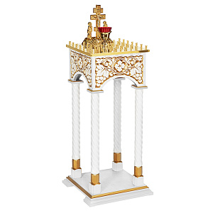 Панихидный стол на 36-50 свечей "Суздальский" белый с золотом (патина), колонны, резьба, высота 100 см (на 36 свечей, ясень)