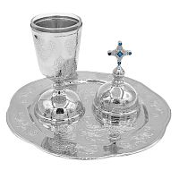 Елейница / чаша для елеопомазания из ювелирного сплава с тарелочкой, серебрение, фианиты