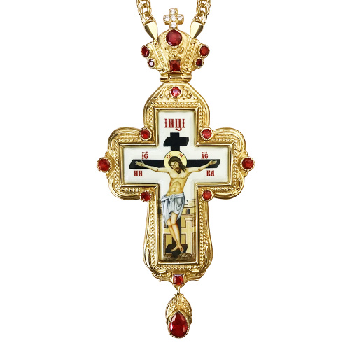 Крест наперсный из ювелирного сплава в позолоте с цепью, фианиты, 6,5х14 см фото 2