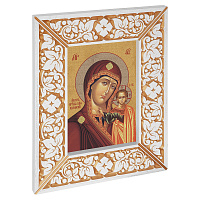 Икона Божией Матери "Казанская", в широкой резной раме, белая с золотом (патина), холст с золочением, ширина рамы 12 см