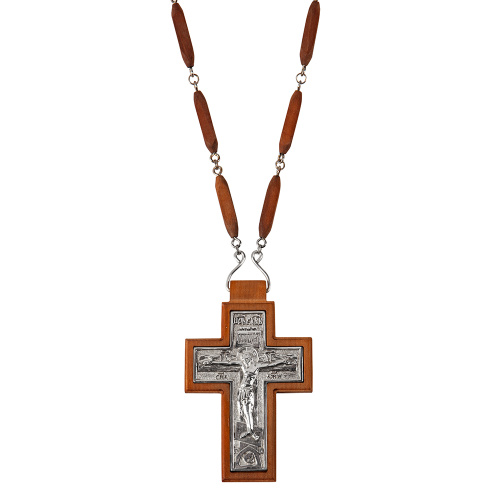 Крест наперсный латунный в серебрении на дереве с цепью, 5,7х9,2 см фото 2
