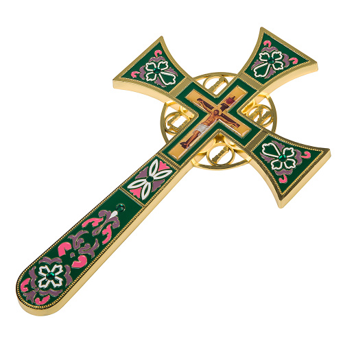 Крест требный четырехконечный, цинковый сплав, зеленая эмаль, камни, 17х29 см фото 9