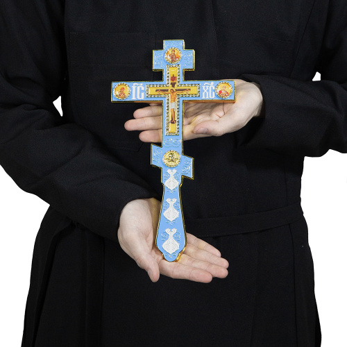 Крест напрестольный, цинковый сплав, голубая эмаль, камни, 14,5х26 см фото 4