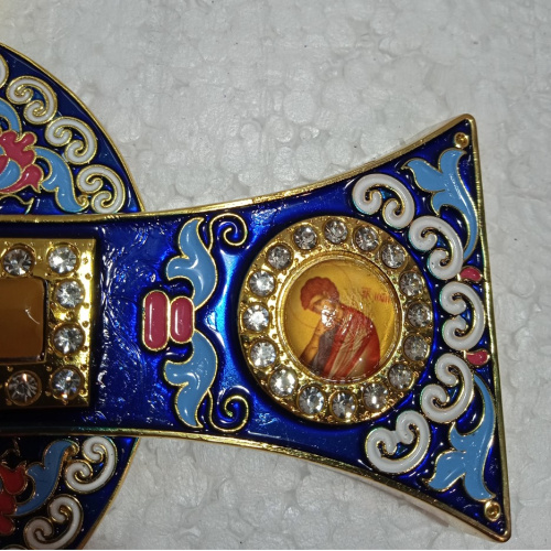 Крест напрестольный / требный четырехконечный с подставкой, синяя эмаль, камни, 17х29 см, У 55-0036 фото 6