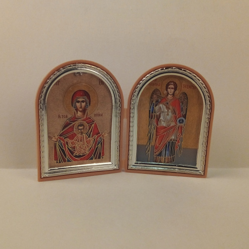 Складень с ликами Божией Матери "Знамение" и Архангела Михаила, арочной формы, 6,4х8,4 см фото 5