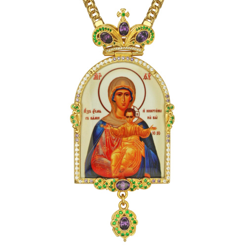 Панагия из ювелирного сплава в позолоте с цепью, фианиты, высота 14 см фото 2