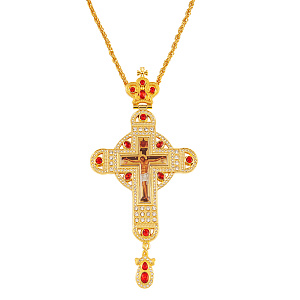 Крест наперсный с цепью, 8,5х18 см (красные камни)