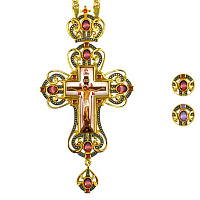 Крест наперсный из ювелирного сплава в позолоте с цепью, патинирование, фианиты, 7,5х15 см