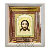 Икона Спасителя "Нерукотворный образ", 18х20 см, белый деревянный киот