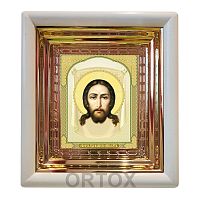 Икона Спасителя "Спас Нерукотворный", 18х20 см, белый деревянный киот