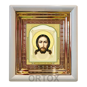 Икона Спасителя "Нерукотворный образ", 18х20 см, белый деревянный киот (стекло, пластик)