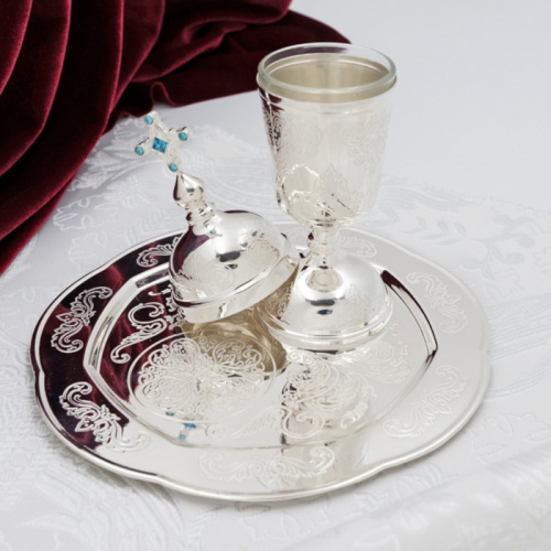 Елейница / чаша для елеопомазания из ювелирного сплава с тарелочкой, серебрение, фианиты фото 3