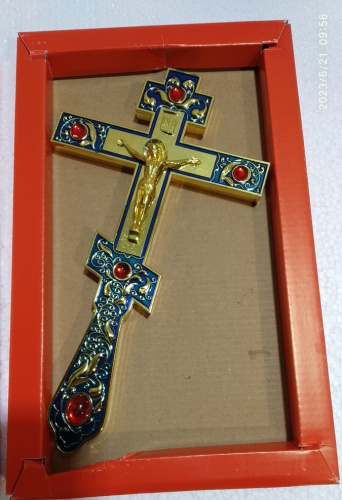 Крест напрестольный латунный синий, 14х26 см, красные камни, У-0634 фото 13
