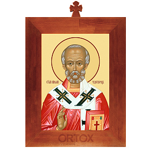 Икона святителя Николая Чудотворца в рамке с крестом, цвет "кипарис" (7,4х10,5 см (А7))