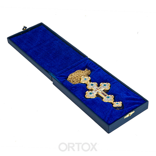 Крест наперсный латунный в позолоте и серебрении с цепью, фианиты, 7,5х14,5 см фото 7