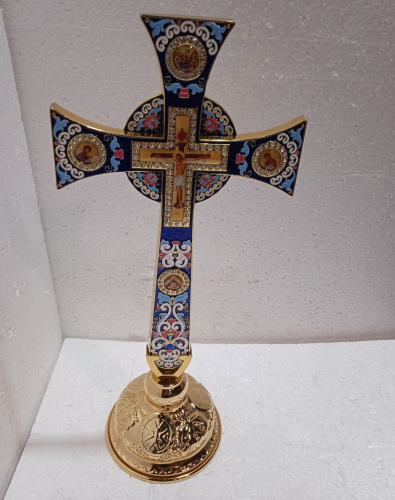Крест напрестольный / требный четырехконечный с подставкой, синяя эмаль, камни, 17х29 см, У 55-0036 фото 2
