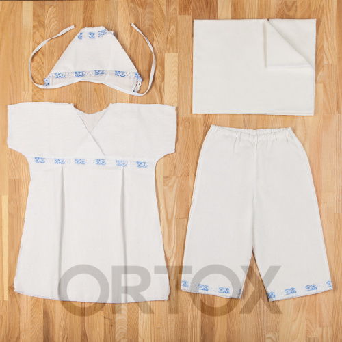 Крестильный набор из четырех предметов: пеленка, рубашка, чепчик, штанишки фото 12