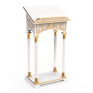 Аналой центральный "Суздальский" белый с золотом (патина), колонны, резьба (70х46х135 см, сосна)