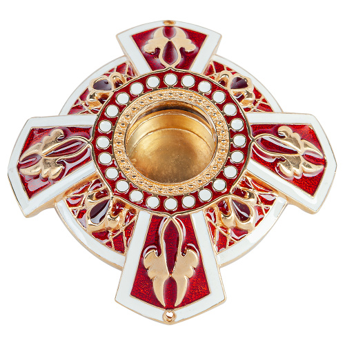 Мощевик накладной "Эмалевый крест" из ювелирного сплава в позолоте, красная и белая эмаль, Ø 65/18 мм фото 2 Мощевик накладной "Эмалевый крест" из ювелирного сплава в позолоте, красная и белая эмаль, Ø 65/18 мм фото 2