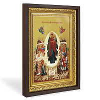 Икона Божией Матери "Всех скорбящих радость", в широком багете, цвет "темный дуб", на холсте, с золо