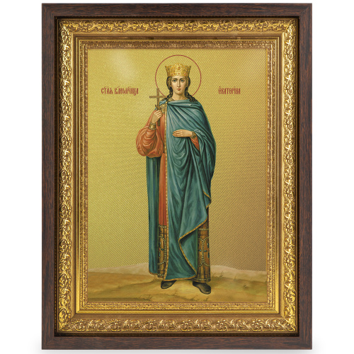Икона великомученицы Екатерины, в широком багете, цвет "темный дуб", на холсте, с золочением фото 2