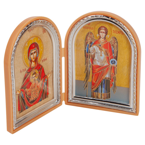 Складень с ликами Божией Матери "Знамение" и Архангела Михаила, арочной формы, 6,4х8,4 см фото 2