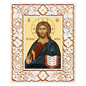 Икона Спасителя "Господь Вседержитель" в резной рамке, цвет "белый с золотом" (патина), ширина рамки 12 см (29,7x42 см (А3))