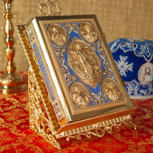Евангелие напрестольное синее, полный оклад "под золото", 24х31 см фото 3