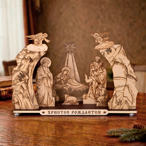 Вертеп "Рождественская ночь", фанера, лазерная гравировка фигур, 76х18,5х53 см фото 2