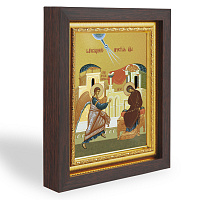 Икона Благовещения Пресвятой Богородицы, в узком багете, цвет "темный дуб", на холсте, с золочением