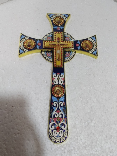 Крест требный четырехконечный, синяя эмаль, камни, 17х29 см, У-0924 фото 2