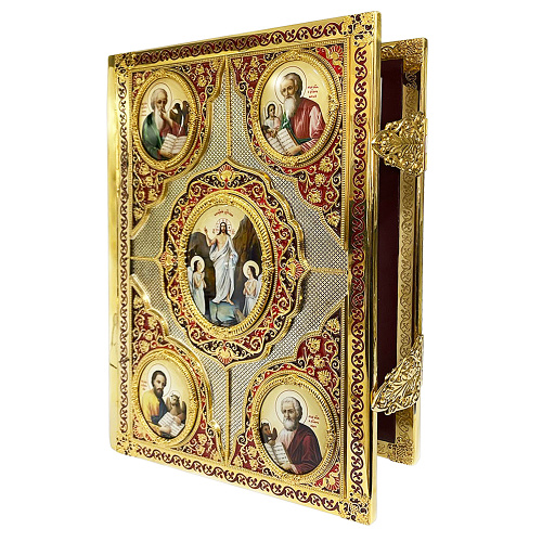 Евангелие напрестольное, латунный оклад в позолоте, эмаль, 36х48 см фото 2