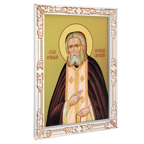 Икона преподобного Серафима Саровского, в узкой резной раме, белая с золотом (патина), на холсте фото 4 Икона преподобного Серафима Саровского, в узкой резной раме, белая с золотом (патина), на холсте фото 4