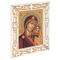 Икона Божией Матери "Казанская", в узкой резной раме, белая с золотом (патина), холст с золочением, ширина рамы 7 см