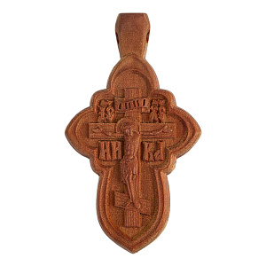 Деревянный нательный крестик «Квадрифолий» с распятием, цвет темный, высота 5,3 см (резной)