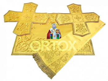 Покровцы и воздух вышитые желтые с иконой, шелк (икона святителя Николая Чудотворца)