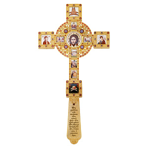 Крест напрестольный из ювелирного сплава в позолоте с красными фианитами, 17,5х33,5 см (вес 535 г)