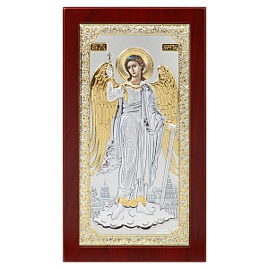 Икона греческая Ангела Хранителя ростовая, на темной деревянной основе, металлический оклад, 12,2х21 (шелкография)