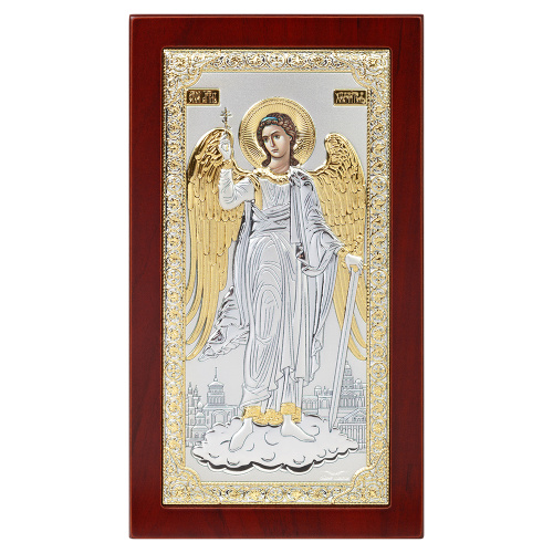Икона греческая Ангела Хранителя ростовая, на темной деревянной основе, металлический оклад, 12,2х21