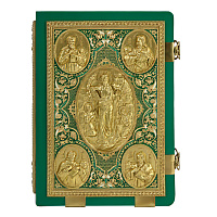 Евангелие напрестольное зеленое, оклад "под золото", кожа, эмаль, 24х31 см, У-0685