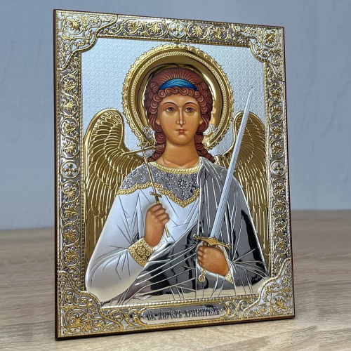 Икона греческая Ангела Хранителя, на темной деревянной основе, металлический оклад, 12х16 см фото 3