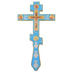 Крест напрестольный, цинковый сплав, голубая эмаль, камни, 14,5х26 см (гравировка)