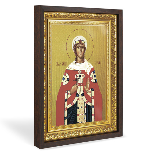 Икона великомученицы Варвары Илиопольской, в широком багете, цвет "темный дуб", на холсте, с золочением №2