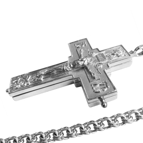 Крест-мощевик наперсный латунный в серебрении с цепью, 6,5х9 см фото 4