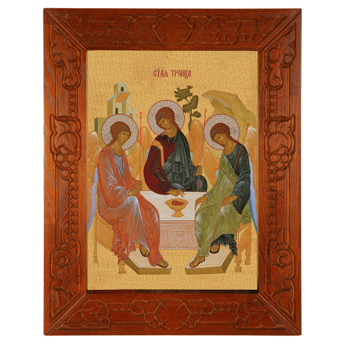 Икона Святой Троицы, в узкой резной раме, цвет "кипарис", холст с золочением, ширина рамы 7 см фото 2 Икона Святой Троицы, в узкой резной раме, цвет "кипарис", холст с золочением, ширина рамы 7 см фото 2